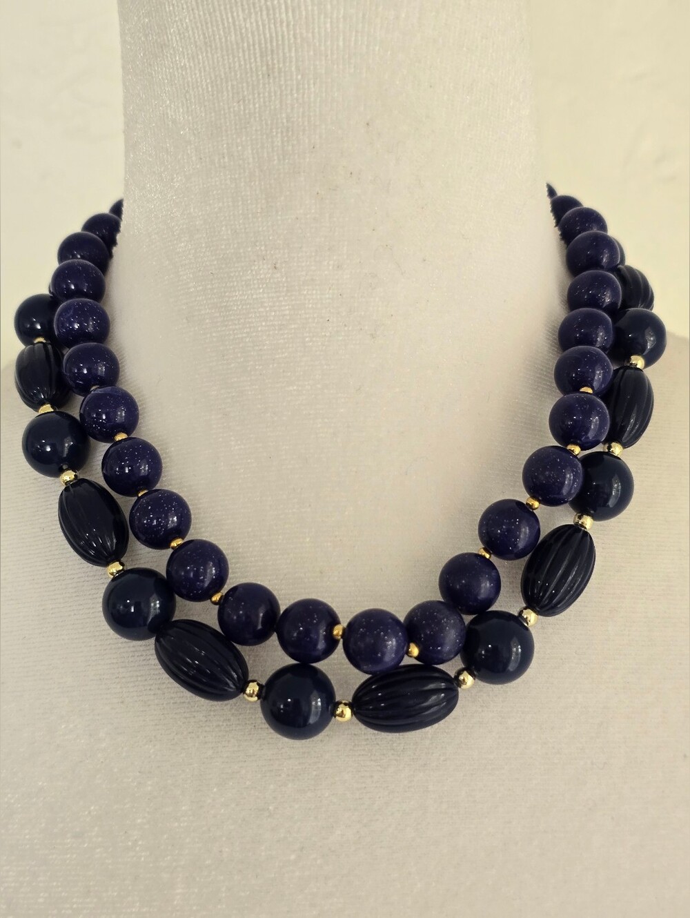 Vintage Navy Bead Necklaces with Gold Accent